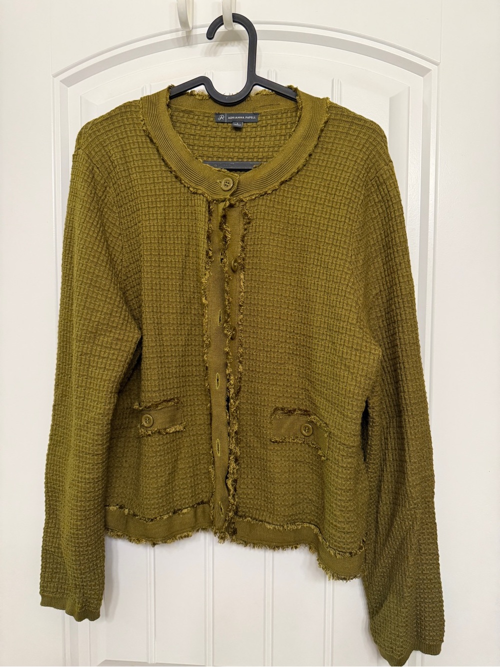 Adrianna Papell Olive Green Waffle-Knit Button Cardigan